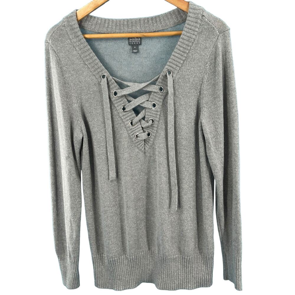 New York & Co Soho Jeans‎ Women's Long Sleeve Sweater Silver Gray Tie Up Size M